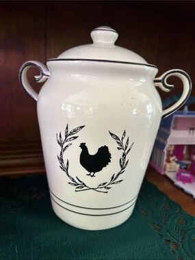 White Ceramic Lidded Canister with Black Rooster Motif